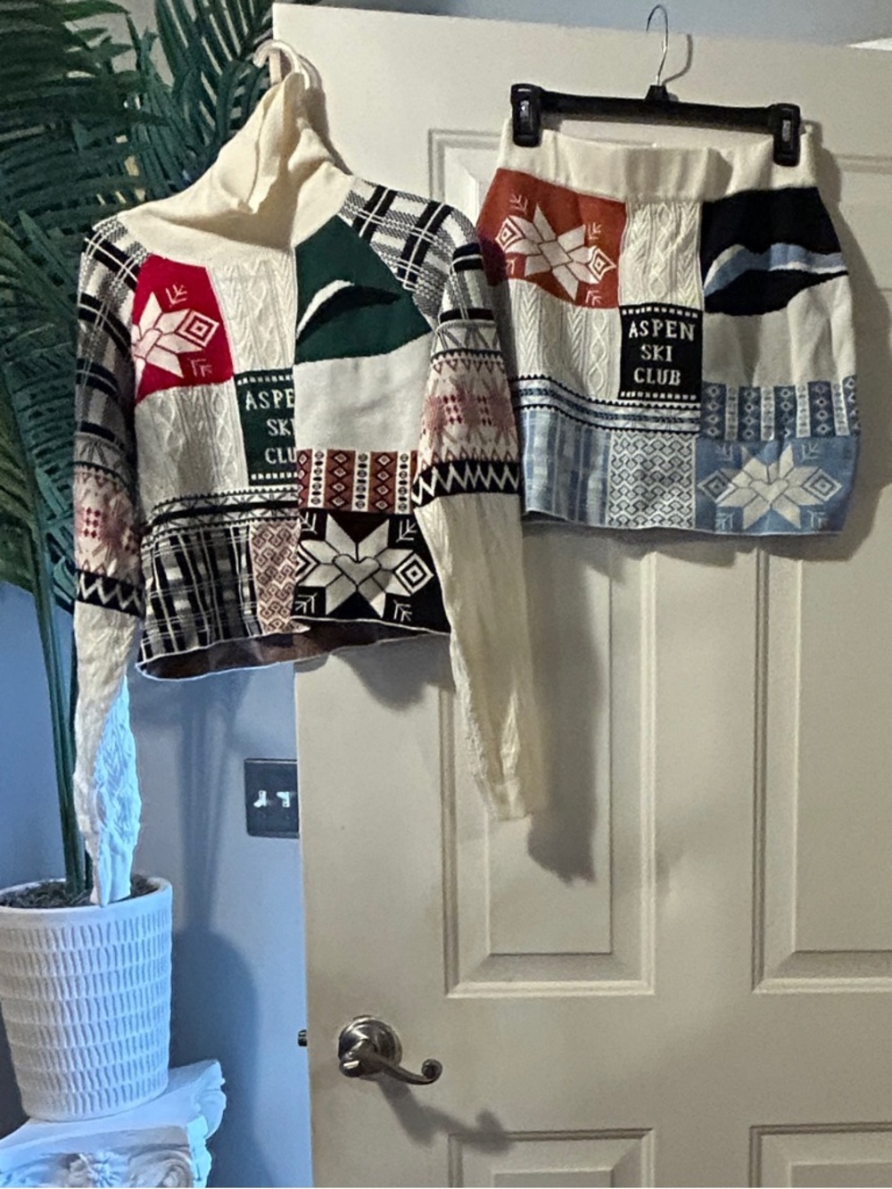 AKIRA Cream Patchwork Aspen Ski Club Sweater & Skirt Set